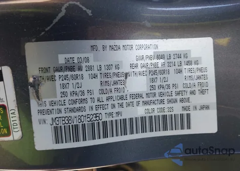 2008 Mazda Cx-9 Touring z USA, uszkodzony, nr VIN JM3TB38V180152350